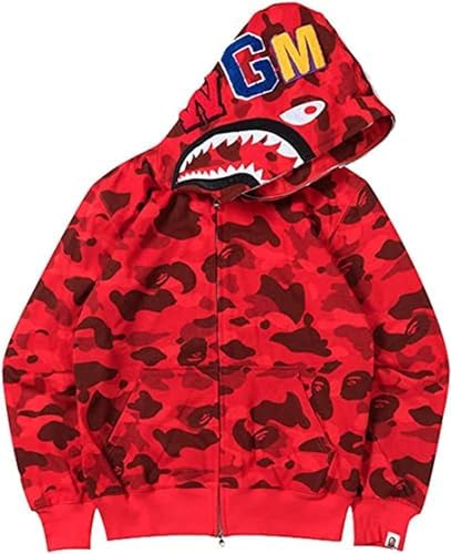 bluza-bape-169zfz-1.jpg Bape Shark Męska bluza z kapturem, motyw rekina, wzór w stylu kamuflaż, głowa rekina na kapturze, bluza z zamkiem błyskawicznym, odzież sportowa (kolor: C, rozmiar: XL) : Amazon.pl: Moda - obrazek 1