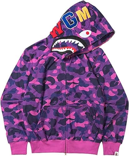 bluza-bape-645jod-1.jpg Bape Shark Męska bluza z kapturem, motyw rekina, wzór w stylu kamuflaż, głowa rekina na kapturze, bluza z zamkiem błyskawicznym, odzież sportowa (kolor: A, rozmiar: XL) : Amazon.pl: Moda - obrazek 1