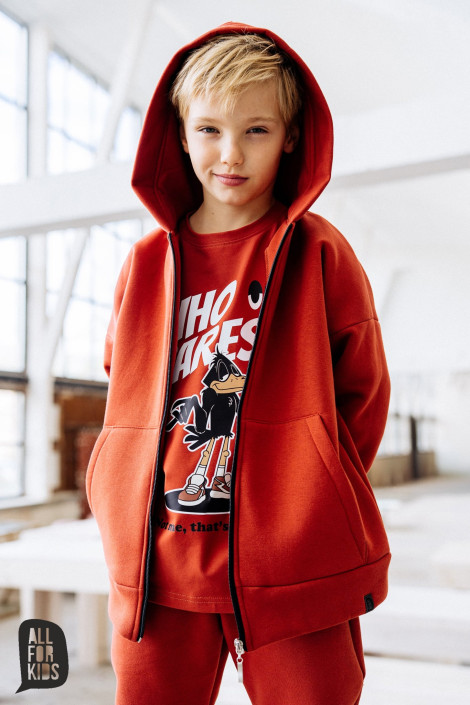 bluza-dla-chlopca-605zad.jpg Bluza chłopięca bawełniana ocieplana z kapturem na zamek pomarańczowa All for Kids - obrazek 1