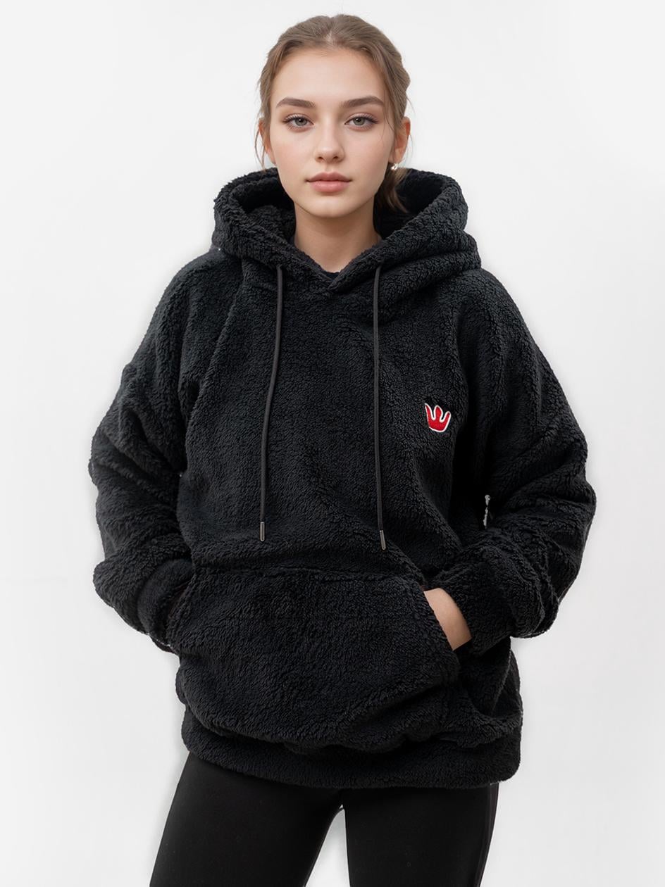 bluza-sherpa-damska-048yyo-1.jpg Bluza Sherpa Z Kapturem Damska Oversize Czarna Teddy Simple Crown - obrazek 1