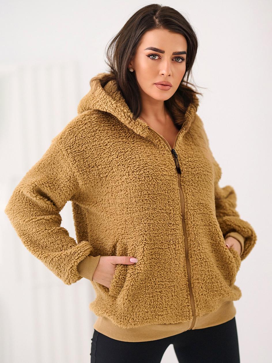bluza-sherpa-damska-413sof-1.jpg Rozpinana Bluza Z Kapturem Oversize Damska Ciemna Beżowa MyStars Sherpa Zip - obrazek 1