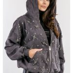 Bluza PINKO Comi na zamek wyszywana kryształkami szara EGO IST IN