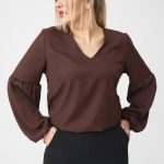 Elegancka bluzka z bufiastymi rękawami PLUS SIZE brązowa 44 52 44