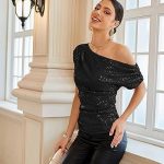 GRACE KARIN Damska bluzka z cekinami, na jedno ramię, asymetryczna i pełna podszewka, odświętny strój imprezowy, czarny, S : Amazon.pl: Moda