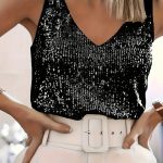 Czarna Bluzka Elegancka Cekinowa Top Z Cekinami na Imprezę XS / S 34 36