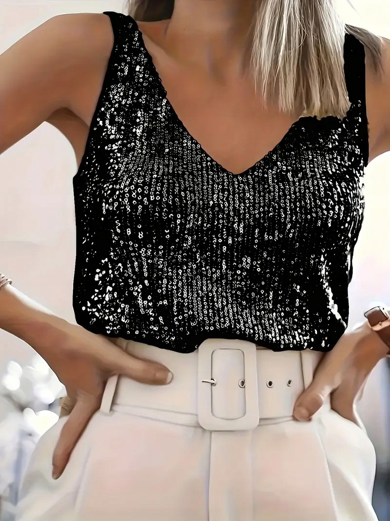 bluzki-z-cekinami-954fnu-1.jpg Czarna Bluzka Elegancka Cekinowa Top Z Cekinami na Imprezę XS / S 34 36 - obrazek 1