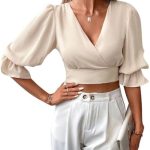 Damska Bluzka z Dekoltem w Kształcie Litery V, Modna, Dopasowana Bluzka z Krótkim Rękawem, na Co dzień dla Kobiet (XL) : Amazon.pl: Moda