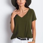 Bluzka damska w kolorze khaki t shirt basic dekolt w serek v neck luna MALOMA sklep z odzieżą damską, bluzki, t shirty, bluzy, duże rozmiary, plus size