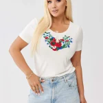 Biała bawełniana bluzka z haftem kwiatowym OVERSIZE PLUS SIZE WIOSNA LATO
