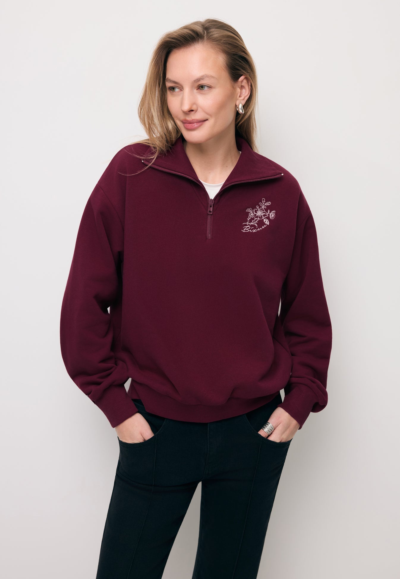 bordowa-bluza-283gqw-1.jpg Bordowa bluza typu half zip TANSY 34/36 - obrazek 1