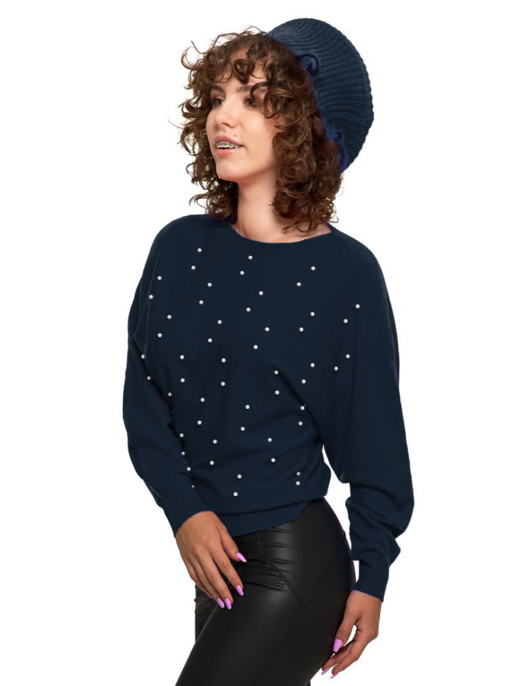granatowy-sweter-damski-586aph-1.jpg Sweter damski z perełkami i kimonowym rękawem GRANATOWY sklep Moraj - obrazek 1