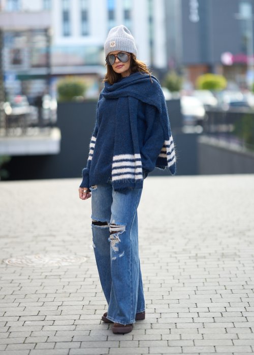 granatowy-sweter-damski-855jpb-1.jpg Sweter Cardi z Szalem Granatowy - obrazek 1