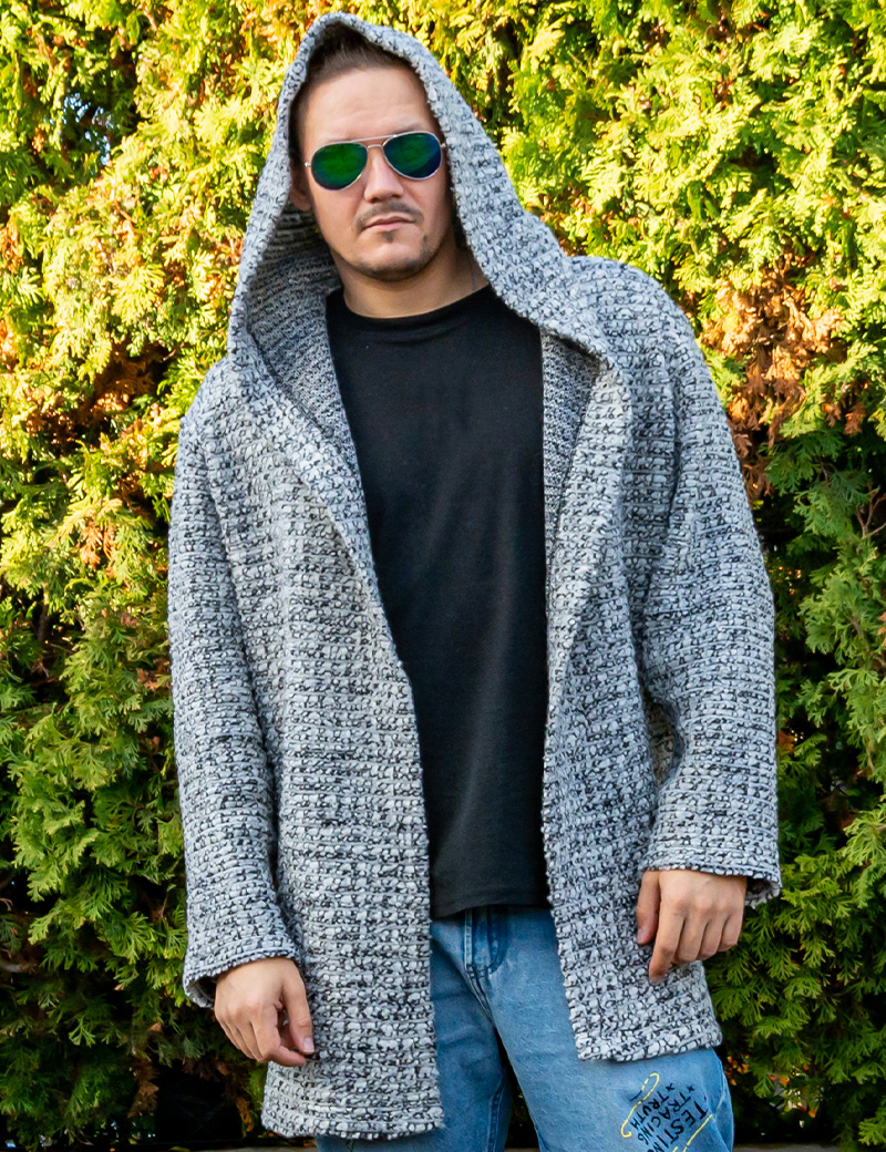 kardigany-meskie-207xiv.jpg Męski kardigan z wełny z kapturem, jasno szary, ciepły sweter boho – idealny na prezent, Kardigan unisex - obrazek 1