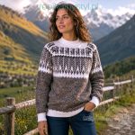 SWETER Z WEŁNY ALPAKI NORWESKI STYL BIAŁO POPIELATY